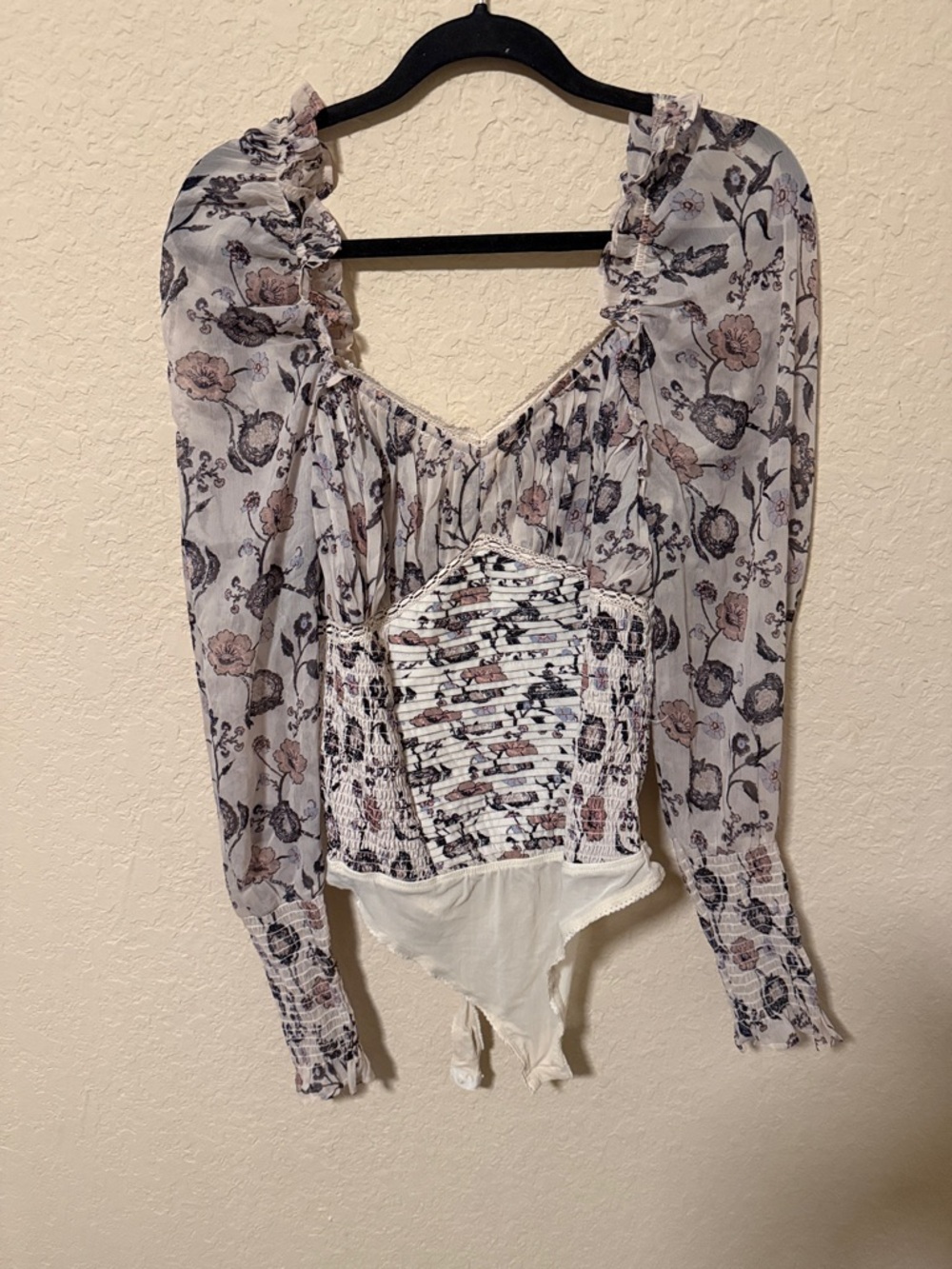 Free People Floral Smocked Long-Sleeve Bodysuit size large